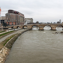 SKOPJE, REPUBLIC OF MACEDONIA - FEBRUARY 24, 2018:  Skopje City Center, Old Stone Bridge and Vardar River, Republic of Macedonia