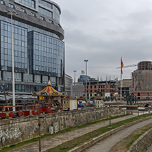 SKOPJE, REPUBLIC OF MACEDONIA - FEBRUARY 24, 2018:  Skopje City Center, Old Stone Bridge and Vardar River, Republic of Macedonia