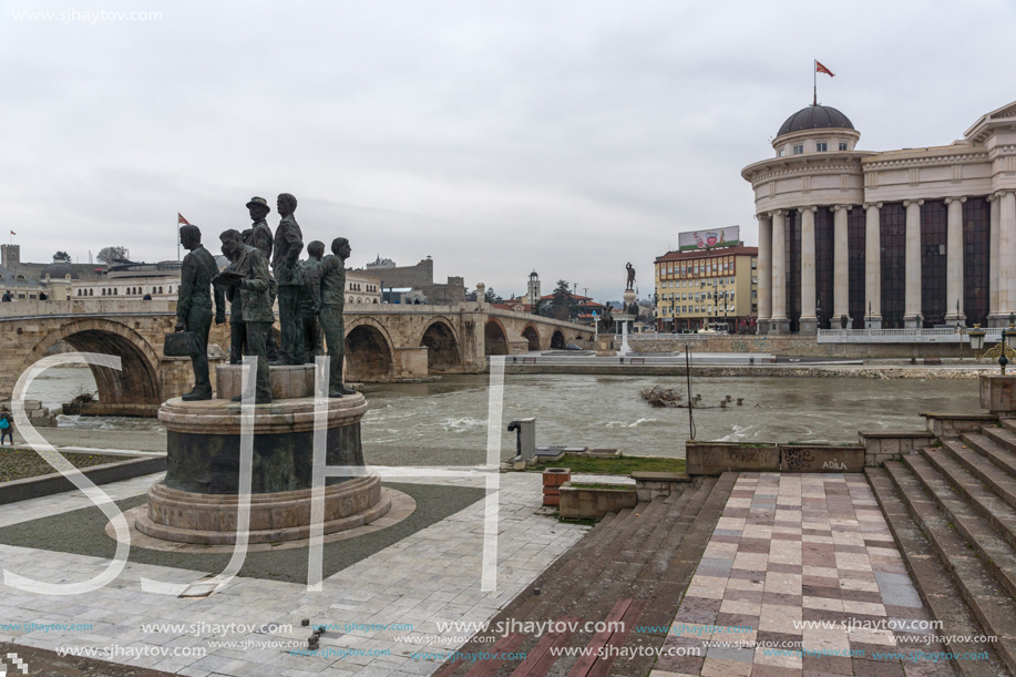 SKOPJE, REPUBLIC OF MACEDONIA - FEBRUARY 24, 2018: Skopje City Center - Statue,  Archaeological Museum and Vardar River, Republic of Macedonia