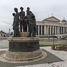 SKOPJE, REPUBLIC OF MACEDONIA - FEBRUARY 24, 2018: Skopje City Center - Statue,  Archaeological Museum and Vardar River, Republic of Macedonia