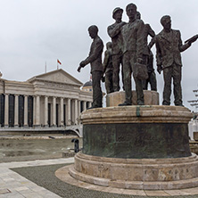 SKOPJE, REPUBLIC OF MACEDONIA - FEBRUARY 24, 2018: Skopje City Center - Statue,  Archaeological Museum and Vardar River, Republic of Macedonia