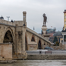 SKOPJE, REPUBLIC OF MACEDONIA - FEBRUARY 24, 2018:  Skopje City Center, Old Stone Bridge and Vardar River, Republic of Macedonia