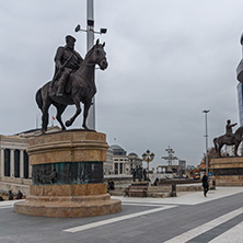 SKOPJE, REPUBLIC OF MACEDONIA - FEBRUARY 24, 2018:  Skopje City Center - Dame Gruev and Gotse Delchev Monuments, Macedonia