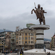 SKOPJE, REPUBLIC OF MACEDONIA - FEBRUARY 24, 2018:  Skopje City Center and Alexander the Great Monument, Macedonia