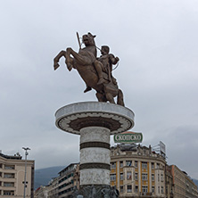 SKOPJE, REPUBLIC OF MACEDONIA - FEBRUARY 24, 2018:  Skopje City Center and Alexander the Great Monument, Macedonia