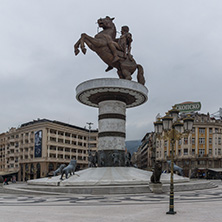 SKOPJE, REPUBLIC OF MACEDONIA - FEBRUARY 24, 2018:  Skopje City Center and Alexander the Great Monument, Macedonia