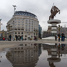 SKOPJE, REPUBLIC OF MACEDONIA - FEBRUARY 24, 2018:  Skopje City Center and Alexander the Great Monument, Macedonia