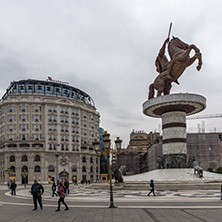 SKOPJE, REPUBLIC OF MACEDONIA - FEBRUARY 24, 2018:  Skopje City Center and Alexander the Great Monument, Macedonia