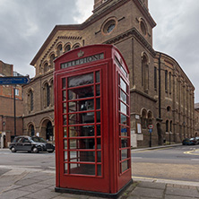 LONDON, ENGLAND - JUNE 17, 2016: Westminster Chapel and phone booth, London, England, Great Britain
