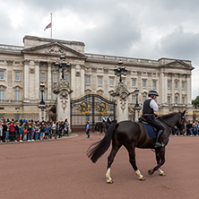 LONDON, ENGLAND - JUNE 17, 2016: British Royal guards perform the Changing of the Guard in Buckingham Palace, London, England, Great Britain