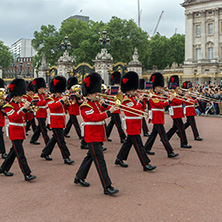 LONDON, ENGLAND - JUNE 17, 2016: British Royal guards perform the Changing of the Guard in Buckingham Palace, London, England, Great Britain