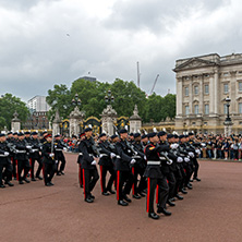 LONDON, ENGLAND - JUNE 17, 2016: British Royal guards perform the Changing of the Guard in Buckingham Palace, London, England, Great Britain