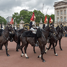 LONDON, ENGLAND - JUNE 17, 2016: British Royal guards perform the Changing of the Guard in Buckingham Palace, London, England, Great Britain