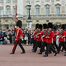 LONDON, ENGLAND - JUNE 17, 2016: British Royal guards perform the Changing of the Guard in Buckingham Palace, London, England, Great Britain