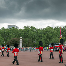 LONDON, ENGLAND - JUNE 17, 2016: British Royal guards perform the Changing of the Guard in Buckingham Palace, London, England, Great Britain