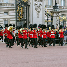 LONDON, ENGLAND - JUNE 17, 2016: British Royal guards perform the Changing of the Guard in Buckingham Palace, London, England, Great Britain