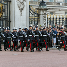 LONDON, ENGLAND - JUNE 17, 2016: British Royal guards perform the Changing of the Guard in Buckingham Palace, London, England, Great Britain