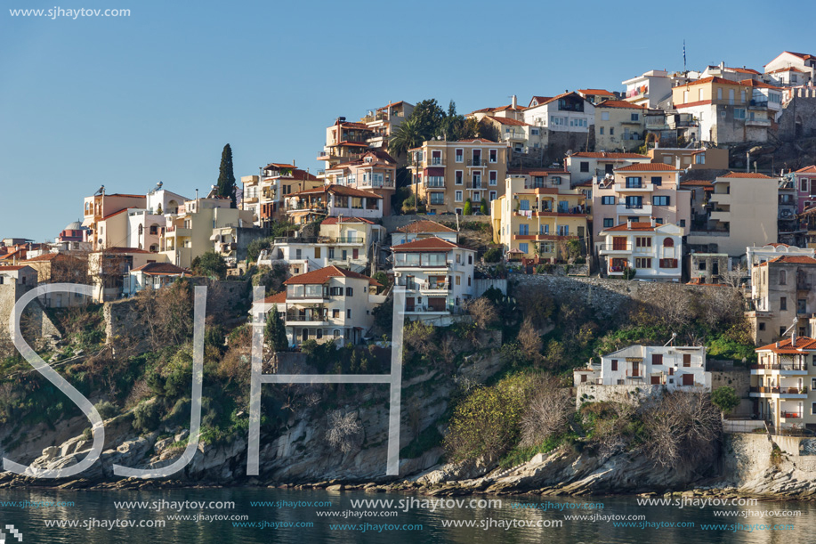 KAVALA, GREECE - DECEMBER 28, 2015: Panoramic view of Aegean sea and old town of Kavala, East Macedonia and Thrace, Greece