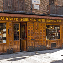 MADRID, SPAIN - JANUARY 23, 2018: Facade of Sobrino de Botin Restaurant in City of Madrid, Spain