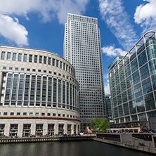 LONDON, ENGLAND - JUNE 17, 2016: Business building and skyscraper in Canary Wharf, London, England, Great Britain