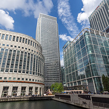 LONDON, ENGLAND - JUNE 17, 2016: Business building and skyscraper in Canary Wharf, London, England, Great Britain