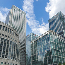 LONDON, ENGLAND - JUNE 17, 2016: Business building and skyscraper in Canary Wharf, London, England, Great Britain