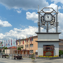 STRUMICA, MACEDONIA - JUNE 21, 2018: Clock Tower at the central square of town of Strumica, Republic of Macedonia