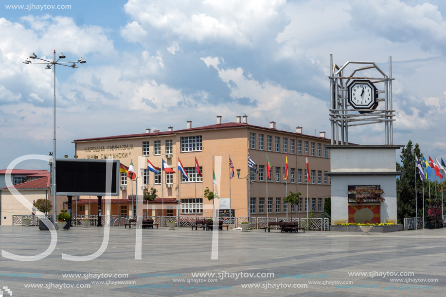 STRUMICA, MACEDONIA - JUNE 21, 2018: Clock Tower at the central square of town of Strumica, Republic of Macedonia