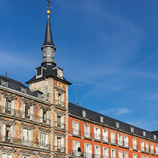 MADRID, SPAIN - JANUARY 23, 2018:  Facade of Buildings at Plaza Mayor in Madrid, Spain