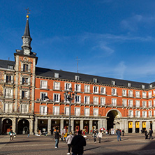 MADRID, SPAIN - JANUARY 23, 2018:  Facade of Buildings at Plaza Mayor in Madrid, Spain