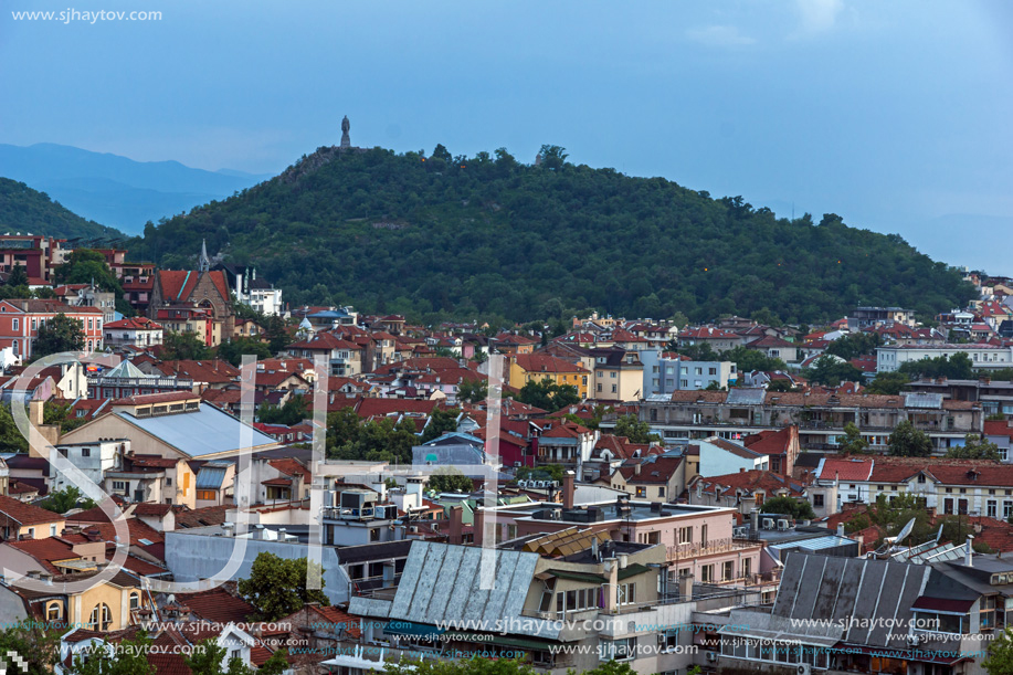 PLOVDIV, BULGARIA - MAY 24, 2018: Night Panoramic cityscape of Plovdiv city from Nebet Tepe hill, Bulgaria