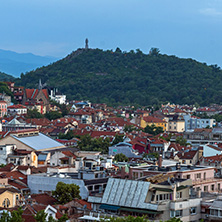 PLOVDIV, BULGARIA - MAY 24, 2018: Night Panoramic cityscape of Plovdiv city from Nebet Tepe hill, Bulgaria