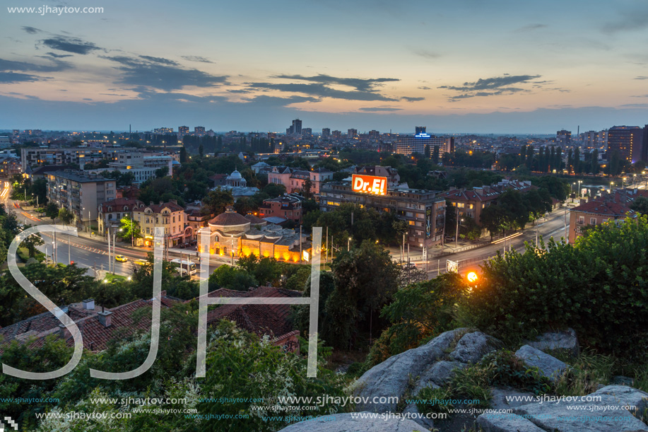 PLOVDIV, BULGARIA - MAY 24, 2018: Night Panoramic cityscape of Plovdiv city from Nebet Tepe hill, Bulgaria