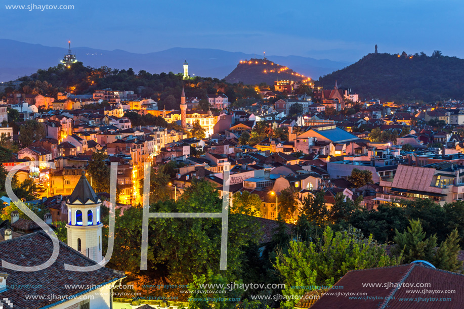 PLOVDIV, BULGARIA - MAY 24, 2018: Night Panoramic cityscape of Plovdiv city from Nebet Tepe hill, Bulgaria