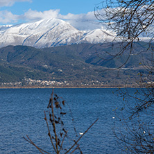 Amazing winter Landscape of Lake Pamvotida and Pindus mountain from city of Ioannina, Epirus, Greece