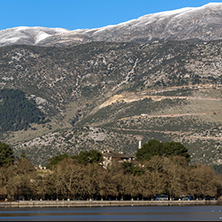 Amazing winter Landscape of Lake Pamvotida and Pindus mountain from city of Ioannina, Epirus, Greece