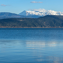 Amazing winter Landscape of Lake Pamvotida and Pindus mountain from city of Ioannina, Epirus, Greece