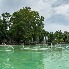 PLOVDIV, BULGARIA - MAY 25, 2018: Panoramic view of Singing Fountains in City of Plovdiv, Bulgaria