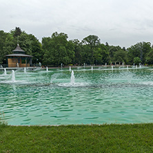 PLOVDIV, BULGARIA - MAY 25, 2018: Panoramic view of Singing Fountains in City of Plovdiv, Bulgaria