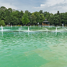 PLOVDIV, BULGARIA - MAY 25, 2018: Panoramic view of Singing Fountains in City of Plovdiv, Bulgaria