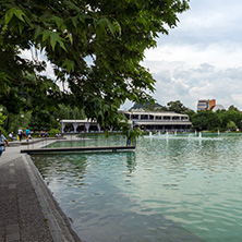 PLOVDIV, BULGARIA - MAY 25, 2018: Panoramic view of Singing Fountains in City of Plovdiv, Bulgaria