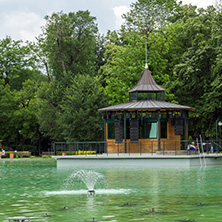 PLOVDIV, BULGARIA - MAY 25, 2018: Panoramic view of Singing Fountains in City of Plovdiv, Bulgaria