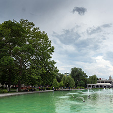 PLOVDIV, BULGARIA - MAY 25, 2018: Panoramic view of Singing Fountains in City of Plovdiv, Bulgaria