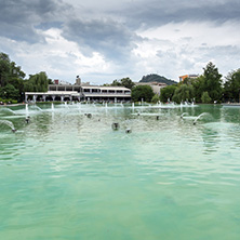 PLOVDIV, BULGARIA - MAY 25, 2018: Panoramic view of Singing Fountains in City of Plovdiv, Bulgaria