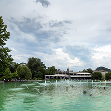 PLOVDIV, BULGARIA - MAY 25, 2018: Panoramic view of Singing Fountains in City of Plovdiv, Bulgaria