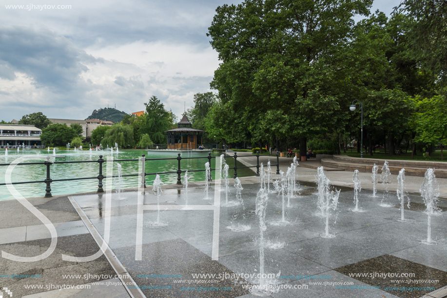 PLOVDIV, BULGARIA - MAY 25, 2018: Panoramic view of Singing Fountains in City of Plovdiv, Bulgaria