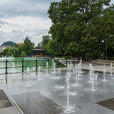 PLOVDIV, BULGARIA - MAY 25, 2018: Panoramic view of Singing Fountains in City of Plovdiv, Bulgaria