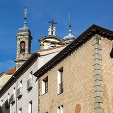 MADRID, SPAIN - JANUARY 23, 2018: Facade of typical Buildings and streets in City of Madrid, Spain