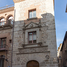 MADRID, SPAIN - JANUARY 23, 2018: Facade of typical Buildings and streets in City of Madrid, Spain