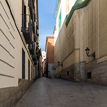 MADRID, SPAIN - JANUARY 23, 2018: Facade of typical Buildings and streets in City of Madrid, Spain